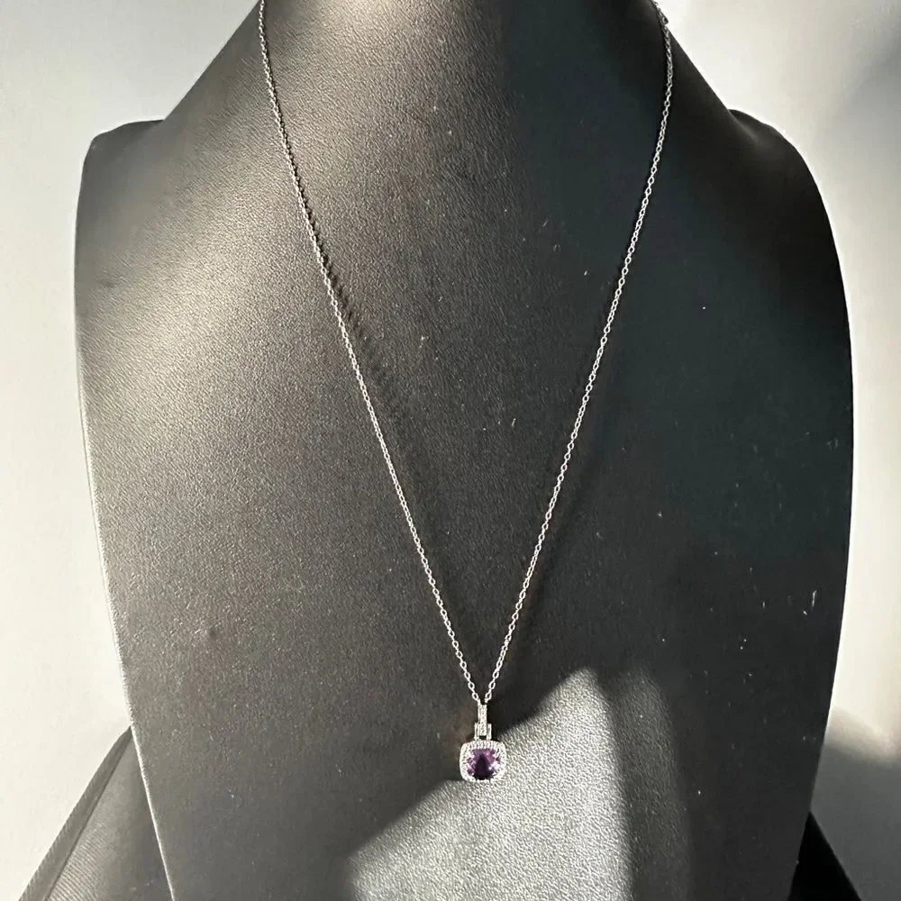 Stunning checkboard faceted cushion cut‎ amethyst necklace in sterling silver!